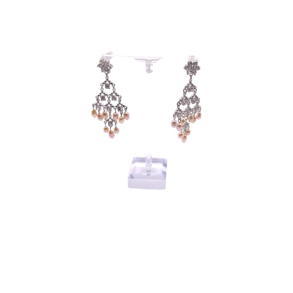 Silver Chandelier Earrings With Pink Pearl Drops & Rhinestone Accents For Women - Picture 6 of 8